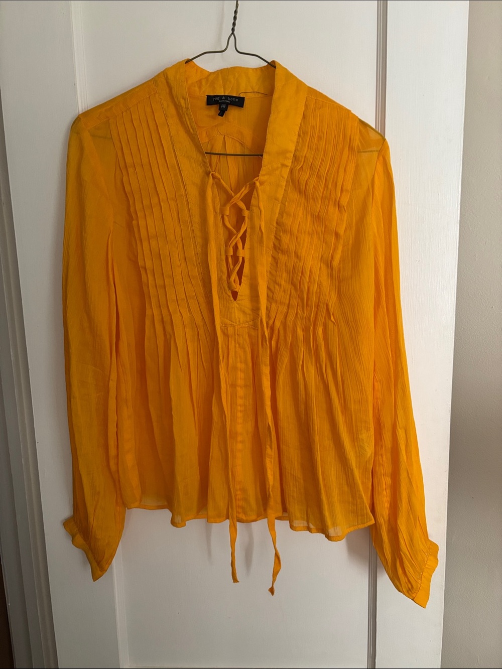 rag & bone Yellow Lace-Up Pintuck Peasant Blouse